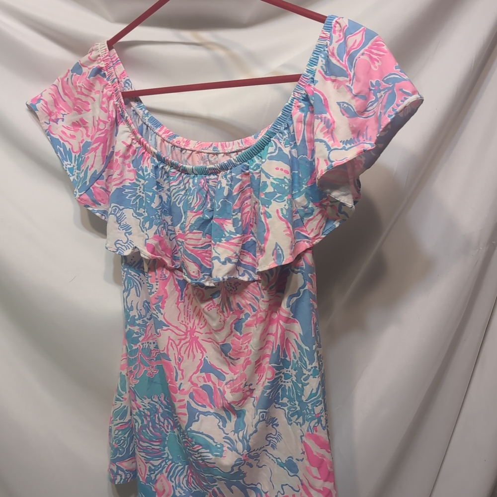 Lily Pulitzer Pink And Blue Off The Shoulder Paisley Summer Ruffle Top Sz Small